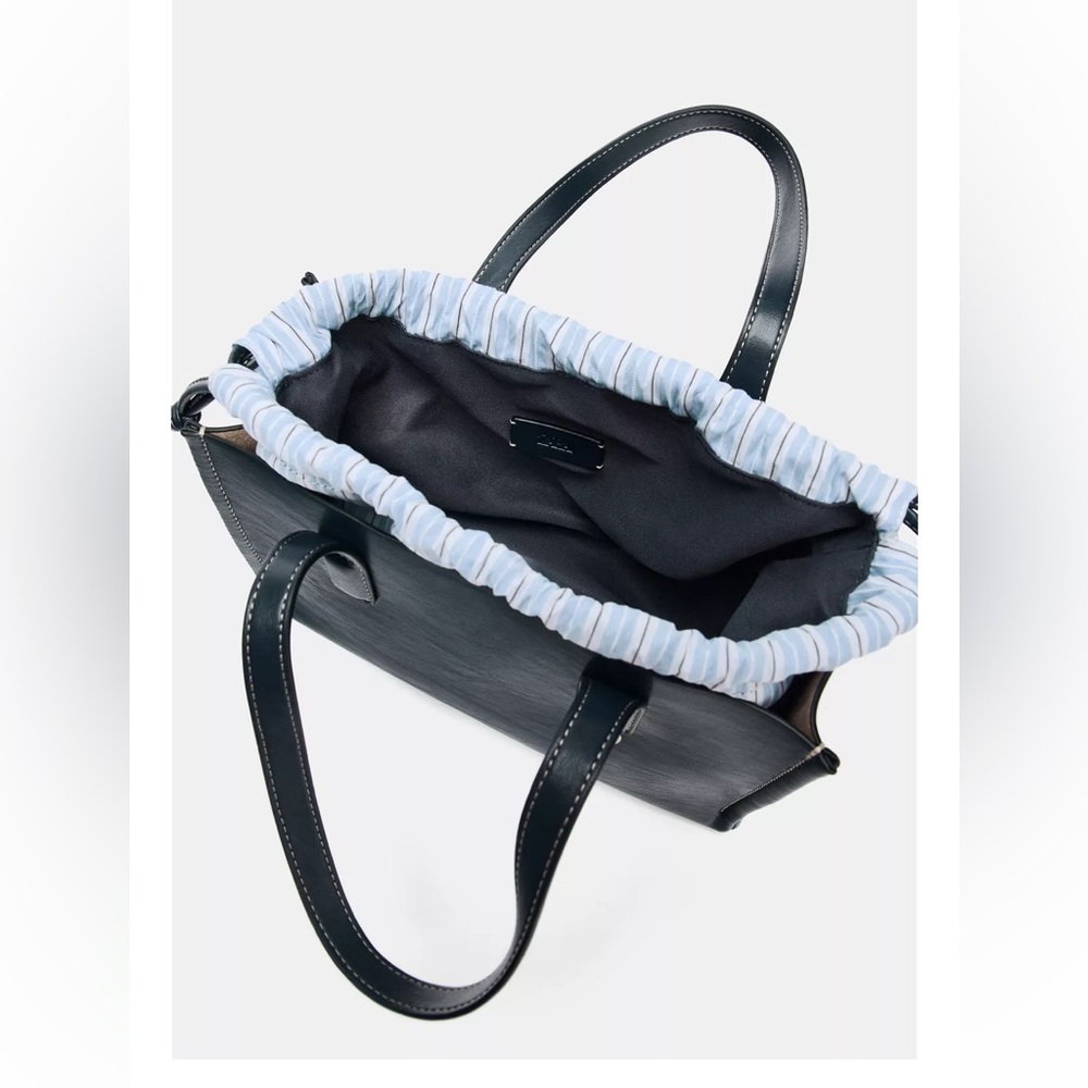 Zara NWT dark navy blue top handle faux leather shopper bag removable straps - Picture 6 of 6
